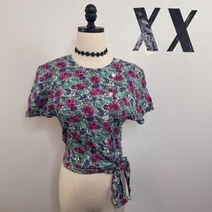 Vintage 80s Floral Asymmetric Button Up Side Tie Cropped Top Indie Fairy S